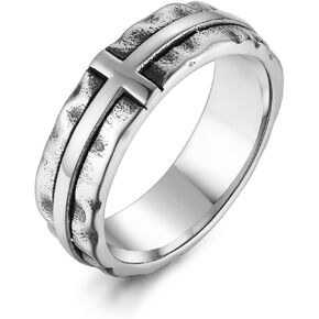 HZMAN Cross Ring for Men Stainless Steel Retro Hammered Cross Ring 6.5mm Wide Stackable Band Ring Jewelry Gift