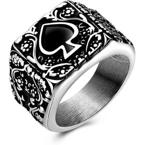 Mens Stainless Steel Ring, Poker Spade Ace, Vintage Biker Rings, Black Silver Size 6 7 8 9