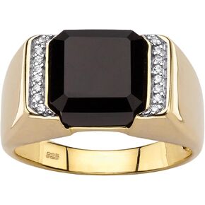 PalmBeach Men's Yellow Gold-plated Sterling Silver Cushion Natural Black Onyx and Round Cubic Zirconia Ring Sizes 8-13
