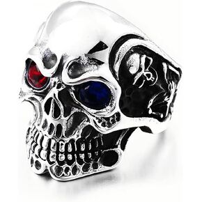 Skull rings for men Sapphire Ruby Double Color Eyes Grim Reaper Skull both sides Devil Demon Gothic Style Iced out Hip Hop ring 316 Stainless Steel Biker Rings Iced Out Jewelry Punk Ring Heavy Metal ring