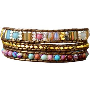 Women Bead Handmade Wrap Bracelets Boho Natural Stone Crystal Leather Bracelet
