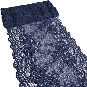 LaceRealm 7 Inch Wide Floral Stretchy Lace Elastic Trim Fabric for Garment & DIY Craft Supply- 5 Yard (7018 Navy)