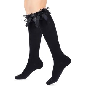 Cotton Knee High Socks with Bow, White Lolita Socks,Over the Knee Socks for Daily Wear School Dating Dance Performances Parties Suitable for Girls and Women