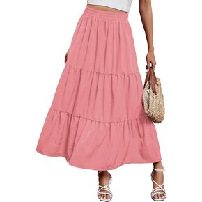 Arolina Maxi Skirt for Women Summer Boho Elastic High Waist Pleated A-Line Flowy Ruffle Swing Tiered Long Beach Skirt Dress