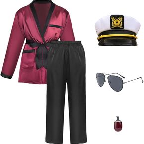 Men Red Silk Robe jacket and Black Pants, Hugh Hefner Captain Costume Set Smoking jacket Bring Props