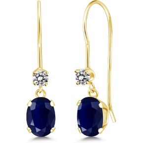 Gem Stone King 14K Yellow Gold Blue Sapphire and White Diamond French Wire Dangle Earrings For Women (1.23 Cttw, Gemstone September Birthstone, Oval 6X4MM and Round 2.5MM)
