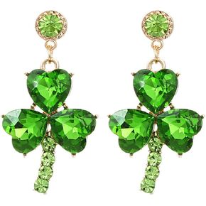 St. Patrick's Earrings for Women.14K Gold Shamrock Earrings lucky Green Rhinestone Clover Drop Earrings Irish Holiday Jewelry Accessories for St. Patrick's Day
