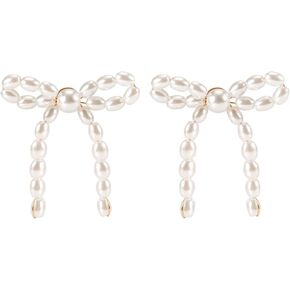 Pearl Bow Earrings, Pearl Dangle Tassel Earrings Bow Knot Drop Earrings Bowknot Hoop Pearl Ribbon Earrings Jewelry for Women Bridal Wedding Party Gift