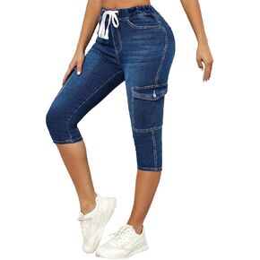 Summer Womens Capri Jeans Drawstring Skinny High Waist Stretchy Trendy Cropped Jogging Pants with Pockets