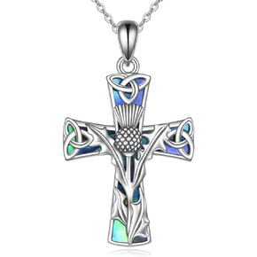 DAYLINLOVE Scottish Thistle Cross Necklace 925 Sterling Silver Scottish Necklace Religious Cross Pendant Necklace Scottish Gifts for Women