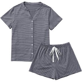 LYANER Women's Cotton Pajamas Striped V Neck Button Down Short Sleeve Shorts Set Pj Lounge