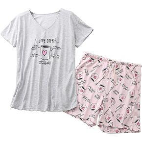 Lu's Chic Women's Cute Graphic Pajamas Set Cotton Blend Sleepwear Cartoon Short Sleeve Tee Shorts