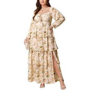 Womens Plus Size Maxi Dress Floral Long Sleeve Square Neck Tiered Ruffle Flowy Chiffon Long Dresses