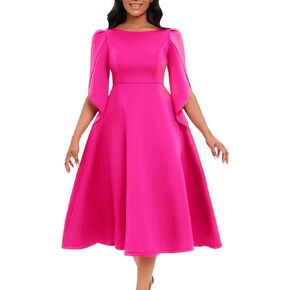SOMTHRON Women's Elegant 3/4 Petal Sleeve Long Maxi Dress Crewneck A-Line Pleated Swing Formal Cocktail Party Dress
