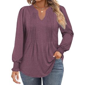 DOLNINE Plus-Size-Tops for Women Notch V Neck Puff Long Sleeve T Shirts Casual Pleated Trendy Smocked Cuffs Tee Tunics XL-5XL