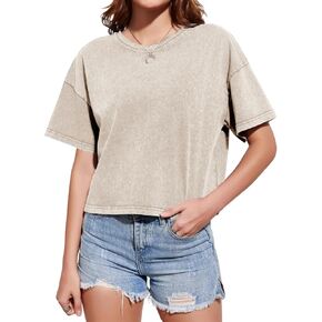 Cotton Loose Crop Tops for Women Acid Wash Cropped T Shirts Trendy Vintage Basic Tees Casual Short Sleeve Tshirt
