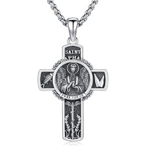 Saint Raphael Cross Necklace 925 Sterling Silver Patron Saint Raphael Medal Pendant,Large St. Raphael Amulet Jewelry for Men with 22 in Chain