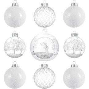 KI Store White and Clear Glass Christmas Ornaments Set of 9 Large Christmas Tree Decorations for Christmas Tree Table Centerpieces