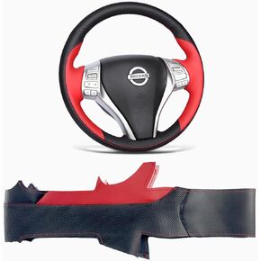 Hand-Sewing Steering Wheel Wrap Cover Black Perforated Leather Wrap Interior Protection Accessories for Nissan Rogue X-Trail Altima 2013-2017/TIIDA 2016-2024/Tunda Navara 2017-2019 (Black/Red)