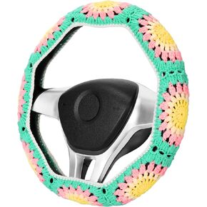 14-15 in Crochet Steering Wheel Cover Set, Handmade Sunflower Seat Belt Pad Covers, Boho Cute Car Accessories for Women Fit Sedans, SUVs, Vans CSWCS (Purple Single Wheel Cover)