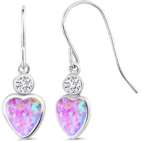 Gem Stone King 14K White Gold Pink Opal and White Lab Grown Diamond French Wire Dangle Hook Earrings For Women (1.70 Cttw, Gemstone October Birthstone, Heart 6MM, Round 3MM)