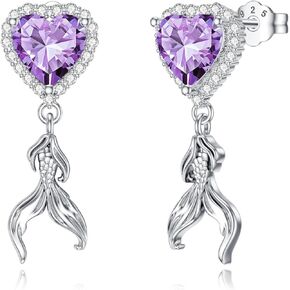 Natural Amethyst Mermaid Earrings for Women 925 Sterling Silver Mermaid Tail Dangle Earrings Amethyst Dangle Drop Earrings Jewelry Gifts for Mom Wife