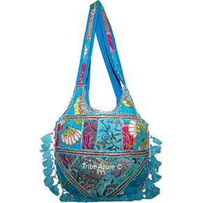 Tribe Azure Women Woven Floral Casual Blue Tote Tassel Unique Purse Over Shoulder Bag Hippie Boho Colorful Summer Handmade Tribal