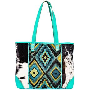 Myra Bag Tote Bag for Women - Western Upcycled Canvas Hairon and Leather Shoulder Bag Turquoise, S-8900