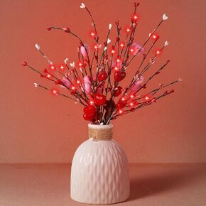 6 Pcs Valentine's Day Picks Decor Artificial Red Heart Berry Stems Heart Shaped Picks Branches with LED String Lights Red Berry Flower for Valentine's Day Floral Vase 14 Inch（Battery not Included）