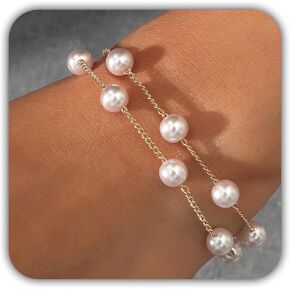 Pearl Bracelets for Women Heart Bracelets Silver Charm Bracelet Cute Birthday Gifts for Friends, 4 MM Pearl Jewelry Trendy Stuff Silver Love Stretch Bracelet Heart Jewelry Wedding Beach Gifts