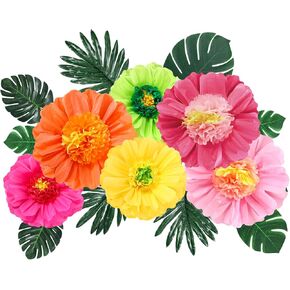 Lincia 40 Pcs Large Paper Flowers and Artificial Tropical Leaves, 24''/12'' Jumbo 3D Chroma Paper Flowers Faux Leaves for Safari Jungle Hawaiian Luau Party Birthday Wedding BBQ Decor (Classic Color)