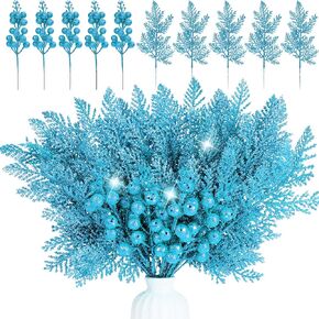 50 Pcs Christmas Tree Decorations Picks, Include 25Pcs Glitter Pine Branch and 25 Pcs Glitter Berries Stems, Fake Floral Twig Ornaments for Christmas Tree Wreath Garland Holiday Decor(Silver)