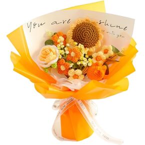 Crochet Flower Sunflower & Rose Bouquet Handmade Artificial Flower Knitted Bouquet for Festival Wedding Graduation Anniversary (Blue)