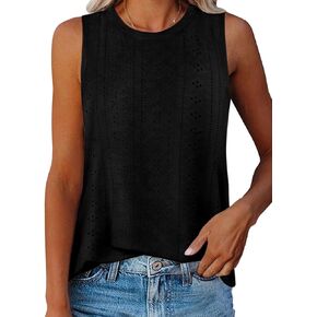 Women Crewneck Eyelet Curved Hem Tank Tops Summer Casual Sleeveless Embroidery Loose Fit Tunic Tops 2024