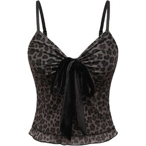 Milumia Women's Leopard Print Sheer Mesh Tank Top Spaghetti Strap V Neck Bow Cami Shirt