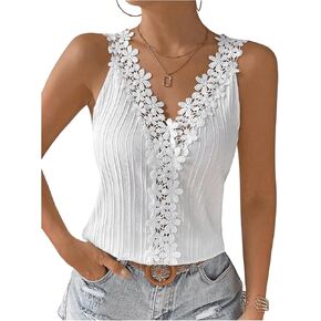 Women's Floral Lace Patchwork Tank Top V Neck Sleeveless Summer Casual Tee Shirt