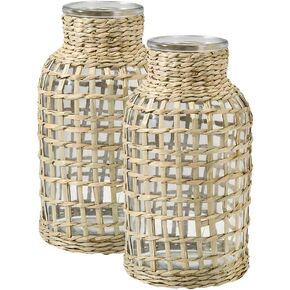 Serene Spaces Living Large Rattan Wrapped Glass Bottle Vase, Farmhouse Vase for Dried, Fresh, Faux Plants, Table Centerpiece for Wedding, Living Room, Mantel, Office, 7.25" Diameter & 12.5" Tall