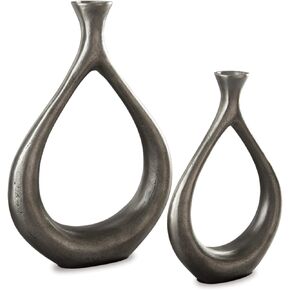 Signature Design by Ashley Dimaia Contemporary 2 Piece Metal Candle Holder Set, Silver Finish