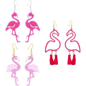 NEWITIN 3 Pairs Pink Flamingo Earrings for Women Cute Glitter Flamingo Dangle Earrings Acrylic Drop Dangle Earrings Statement Drop Earrings Lightweight Boho Jewelry for Women