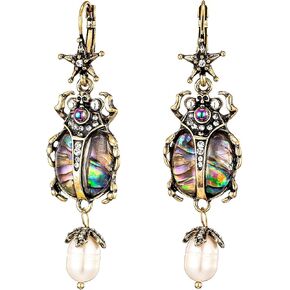 Beetle Dangle Earrings Vintage Style Scarab Earrings Pearls Abalone Drop Ear Jewelry for Women