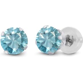 Gem Stone King 14K White Gold Blue Zircon Stud Earrings For Women Men | 1.00 Cttw | Round 4MM