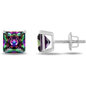 14K Solid White Gold Rainbow Mystic Cubic Zirconia Stud Earrings | 4.0 CTW | Screw Back Posts | With Gift Box