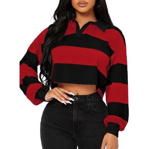 Hilinker Womens Striped Cropped Sweatshirt Polo Collar Long Sleeve Top Loose Pullover