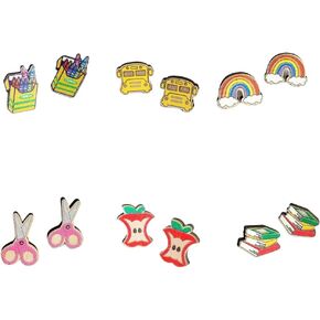 Pingyongchang 6 Pairs Cute Teacher Stud Wood Earrings Funny Handmade Colorful Book Pencil Crayon Ruler Wooden Student Earrings for Women Back to School Jewelry Teacher Graduation Gift