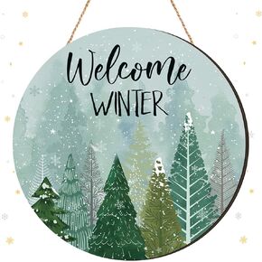 BBTO Winter Welcome Sign for Front Door Decor Winter Pine Tree Door Sign Wood Snowflake Hanging Decor Wreath for Rustic Porch Front Door Outdoor Outside Home Plaque Decor in Kuwait