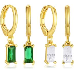 Emerald Green Drop Dangle Hoop Earrings for Women Silver Gold Plated Clear CZ Huggie Dangling Hoops Earring Geometric Charms Bithstone Jewelry Gifts for Homecoming BFF (2 Pairs Gold Plated Hoop)