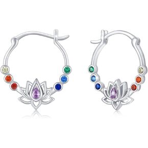 Rainbow Chakra Earrings Sterling Silver Lotus Flower Earrings Rainbow Hoop Earrings Colorful Earrings Chakra Jewlery for Women Christmas Jewelry Gifts
