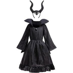Dressy Daisy Little Girls Dark Evil Fairy Halloween Costume Fancy Party Black Dress Set with Horns Headband Size 5-10