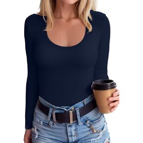 SANDERY Summer Women's Scoop Neck Short Sleeve Shirts Ribbed Slim Fitted Casual Basic Top Blouses in Kuwait