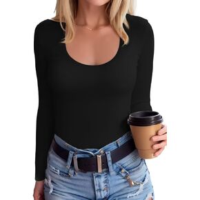 SANDERY Summer Women's Scoop Neck Short Sleeve Shirts Ribbed Slim Fitted Casual Basic Top Blouses